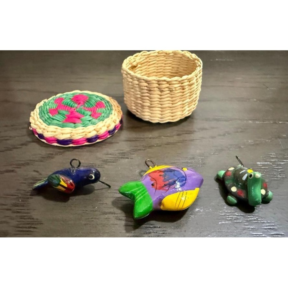 Vintage Mini Mexican Folk Art Charms + Tiny Woven Basket